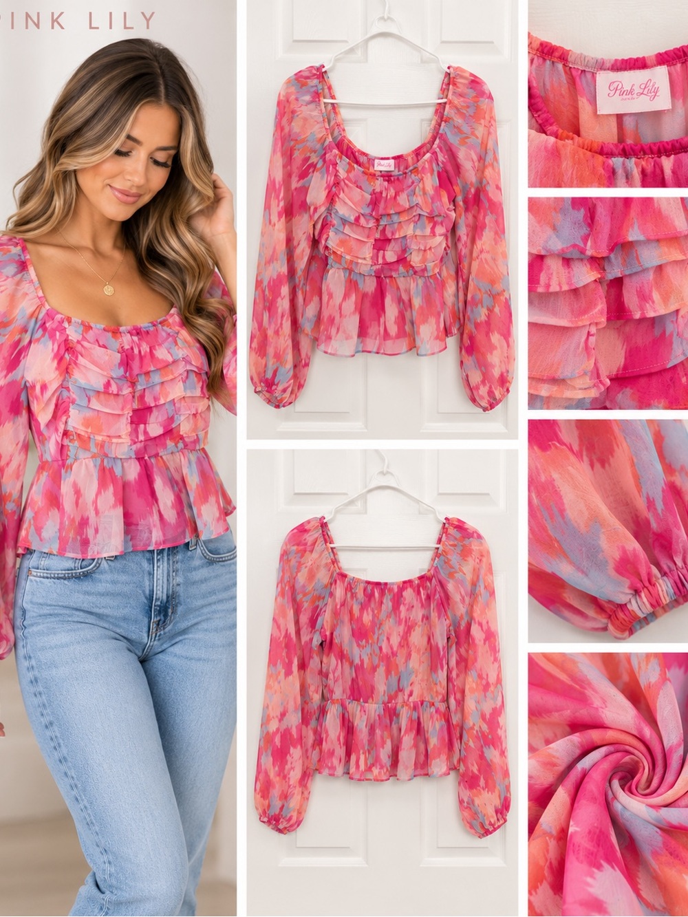 Pink Lily Pink Multi Floral Ruffle Peasant Blouse